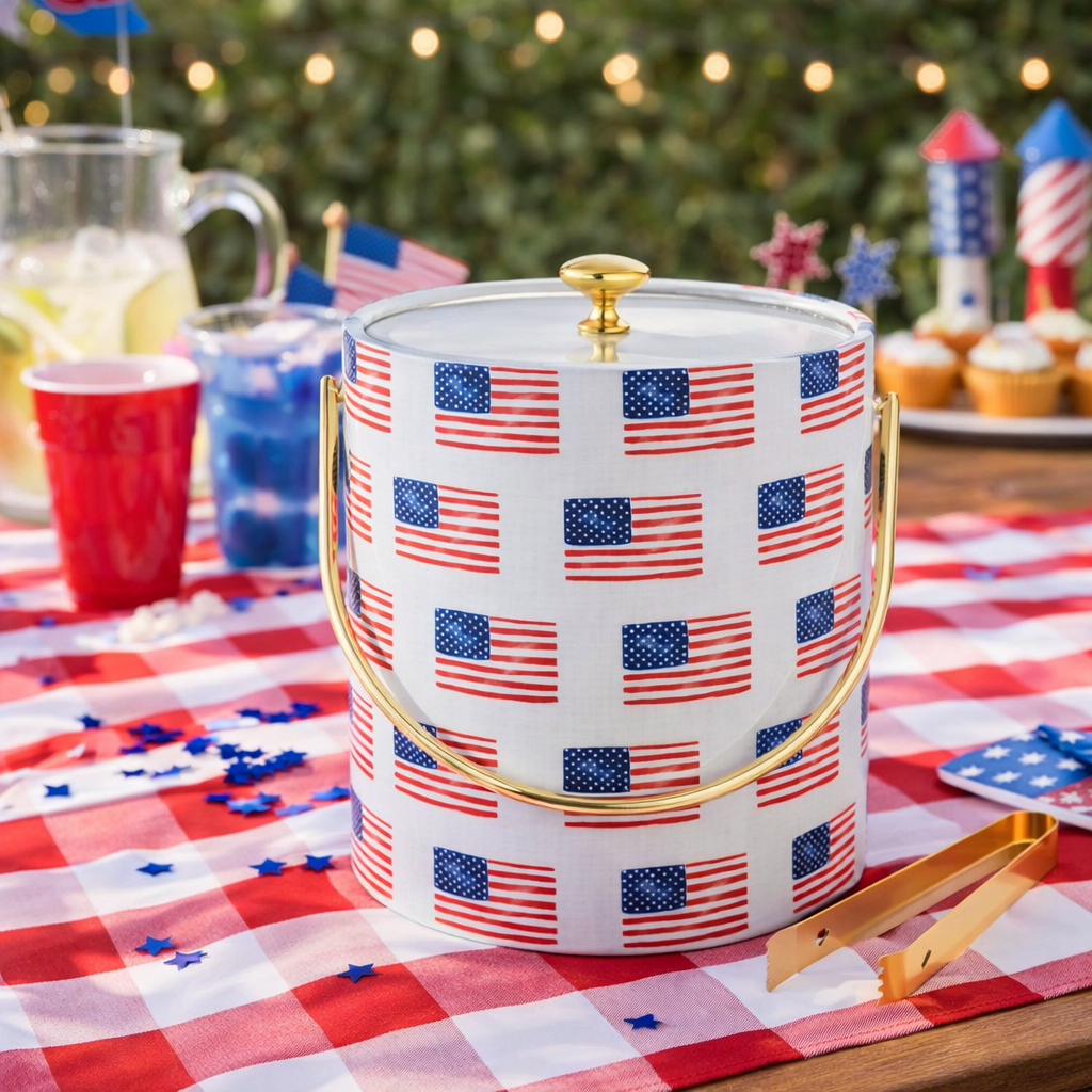 Ice bucket with American flag pattern on a table with festive decorations