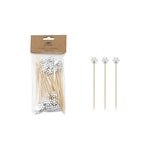 Packaged wooden skewers with white snowflake ends on a white background