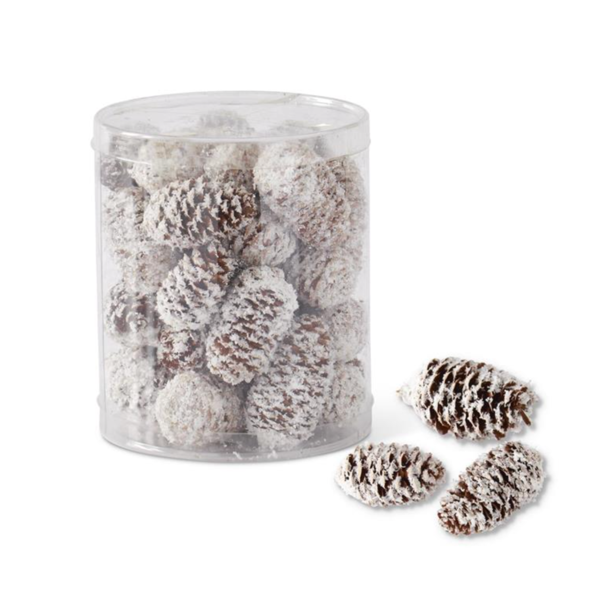 6.5 INCH CYLINDER OF GLITTERED FLOCKED LONG BROWN PINECONES 