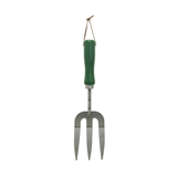 Garden fork with green handle on a white background