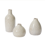 lightly speckled ceramic budvase with a rounded body & small circular opening, three styles