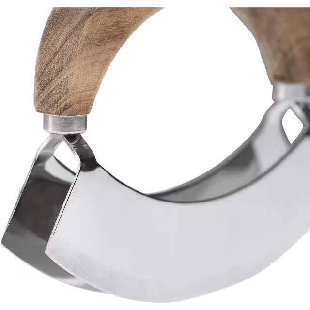 Close-up of a sickle with a wooden handle on a white background