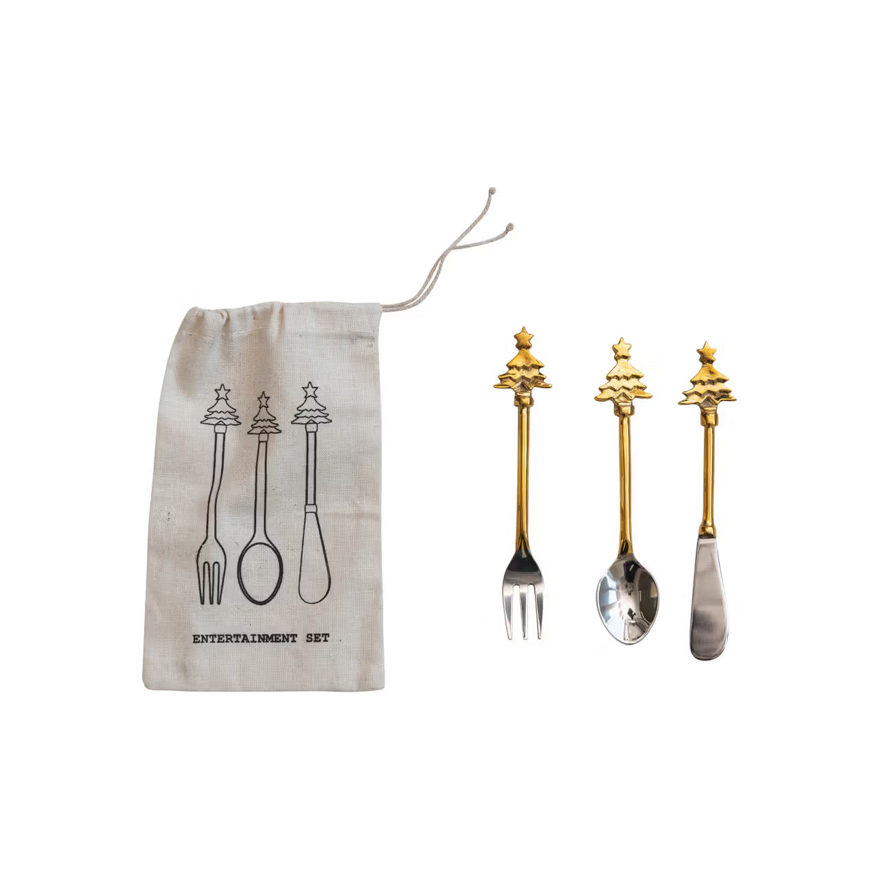 Set of gold and silver cutlery with a branded drawstring bag on a white background