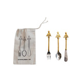 Set of gold and silver cutlery with a branded drawstring bag on a white background