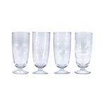 Set of four clear glass goblets with star-like patterns on a white background