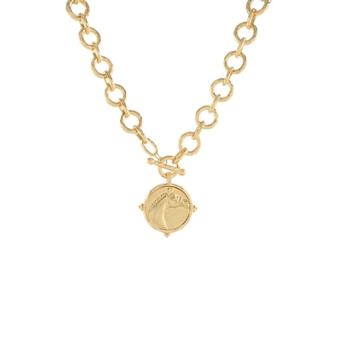 gold Horsehead Round Pendant Necklace on white background