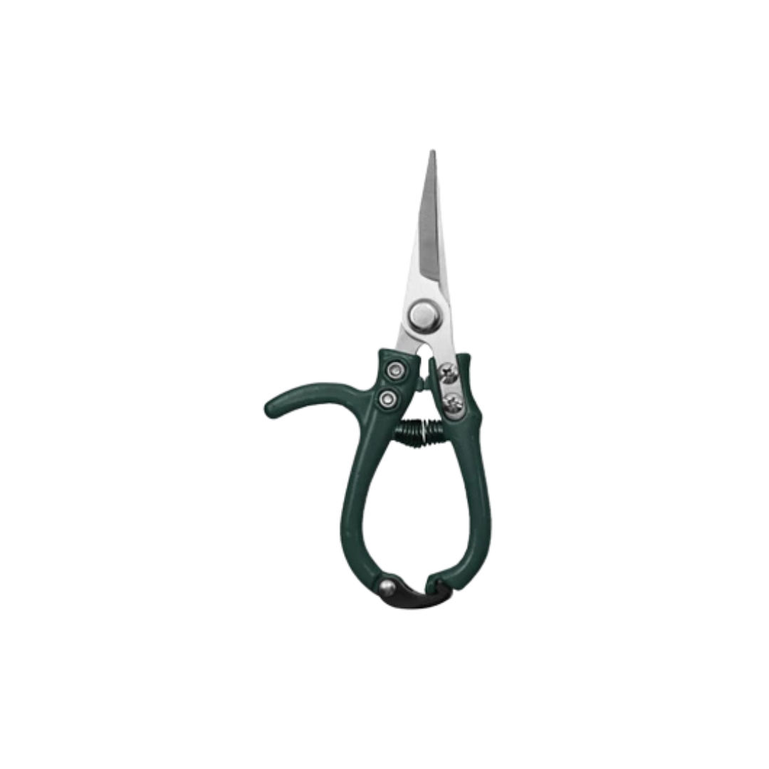 green enameled handled garden pruning shears on a white background