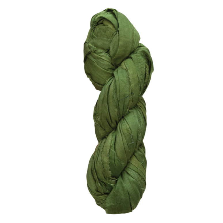 75 Yard Recycled Torn Silk Ribbon - green