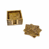 Set of woven coasters and a matching holder on a white background
