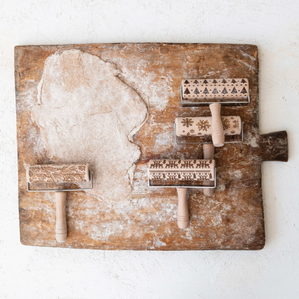 Beech Wood Rolling Pin w/ Handle & Laser Cut Holiday Pattern, Natural, 4 Styles