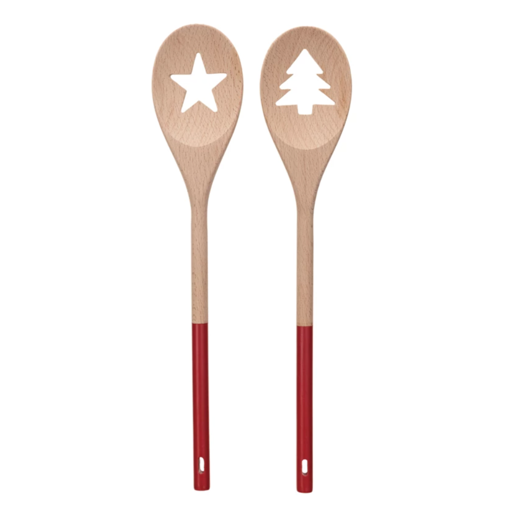 Acacia Wood Spoon w/ Tree/Star Cut-Out, Natural & Red, 2 Styles