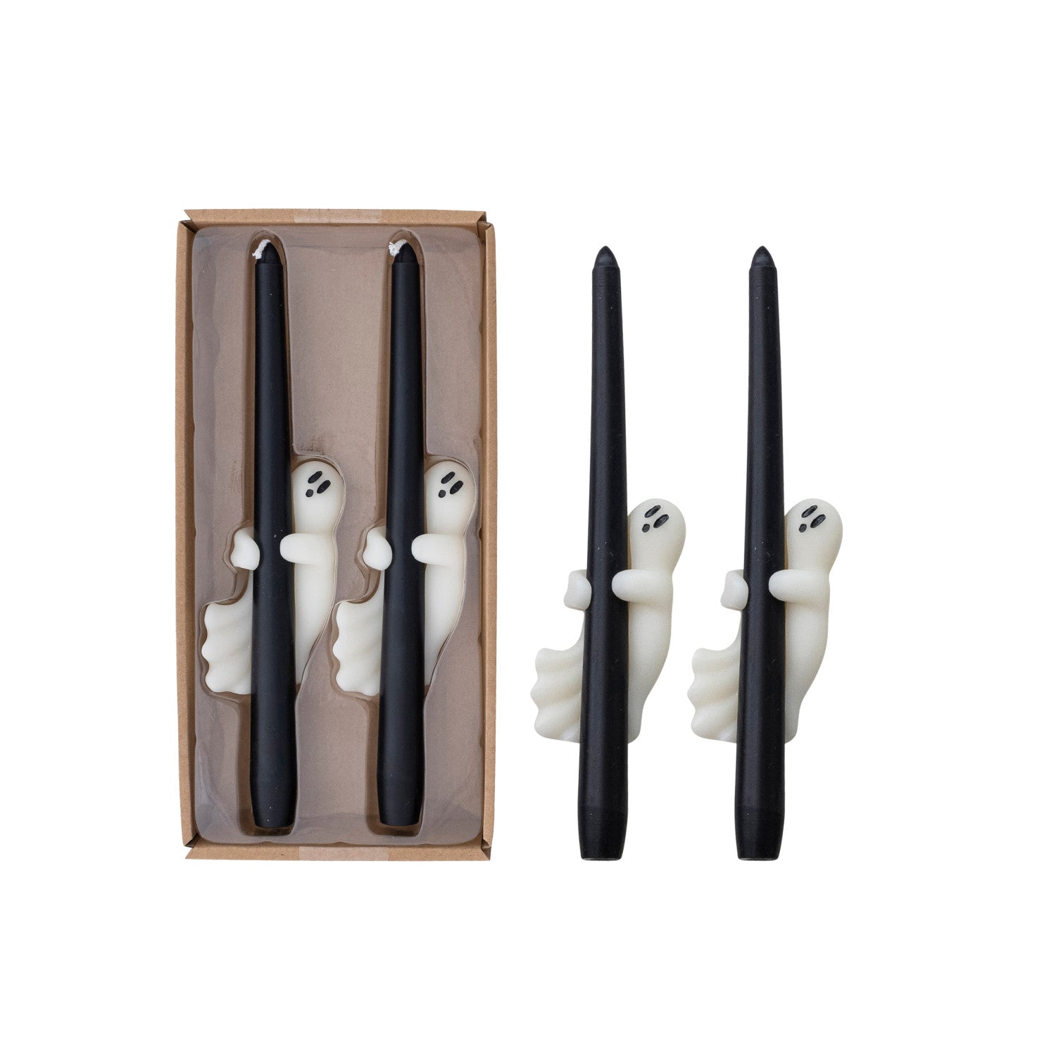 Set of black candles with ghost decorations in packaging on a white background