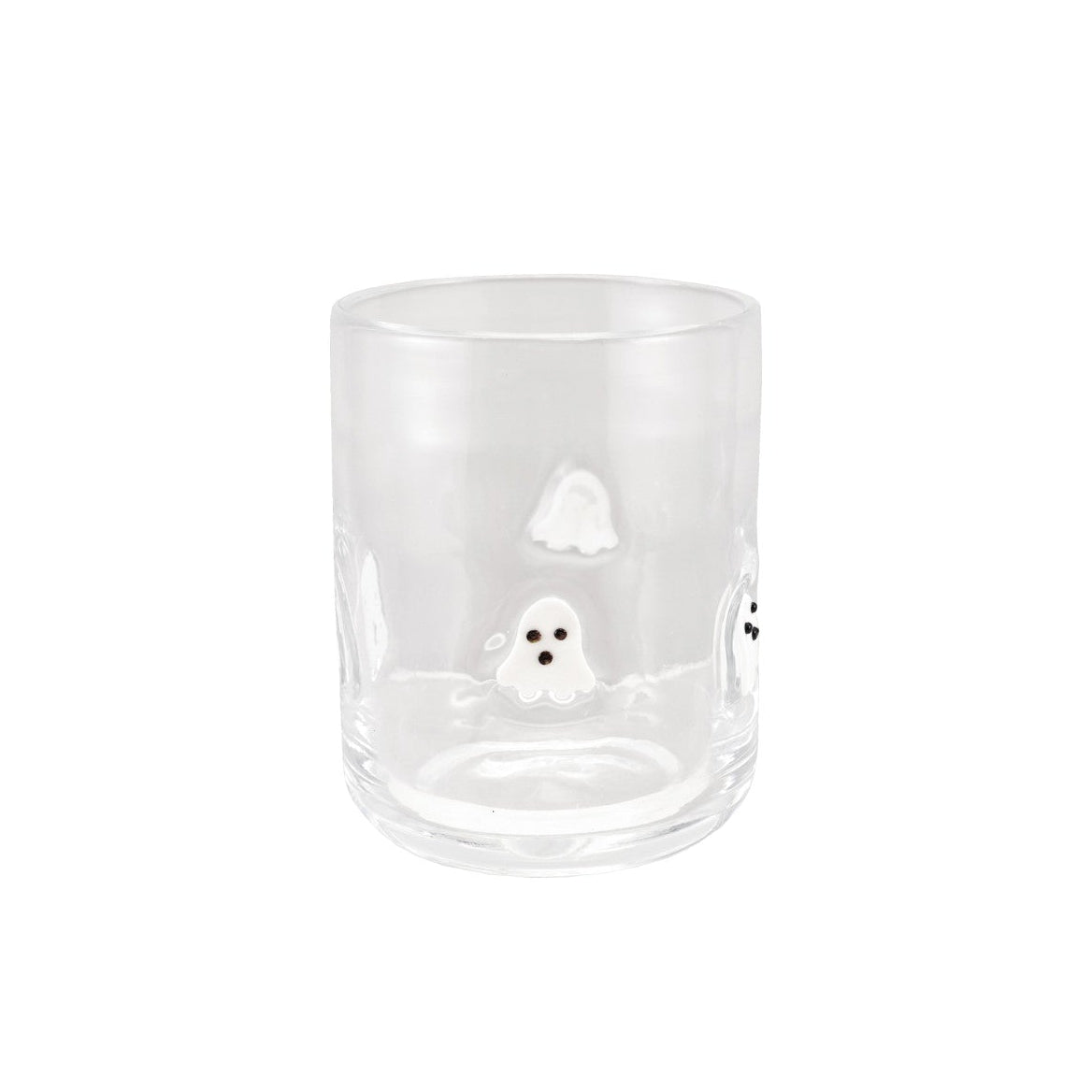 Clear glass tumbler with a small white design on a white background