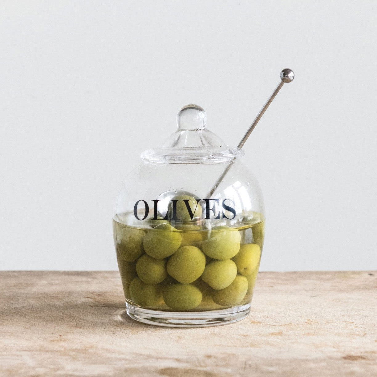 Glass Jar w/ Stainless Steel Slotted Spoon "Olives", Set of 2