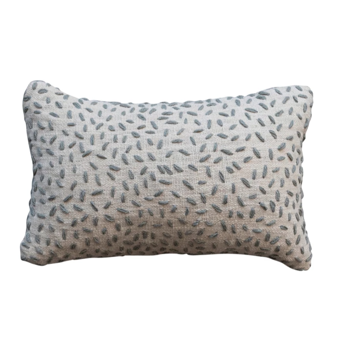 Hand-Embroidered Cotton Kantha Stitch Lumbar Pillow, Natural & Grey