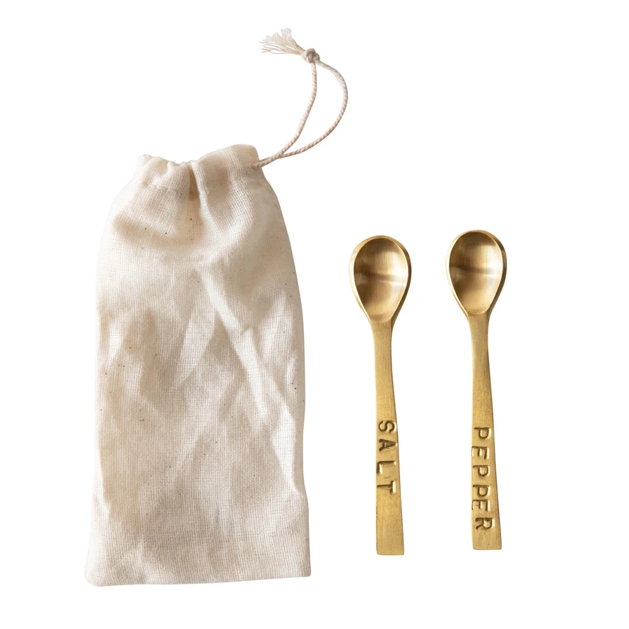 Metal "Salt" & "Pepper" Spoons, Brass Finish, Set of 2 in Drawstring Bag