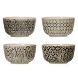 Stamped Stoneware Bowl w/ Embossed Pattern, Cream Color & Black, 4 Styles