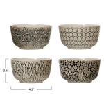 Stamped Stoneware Bowl w/ Embossed Pattern, Cream Color & Black, 4 Styles