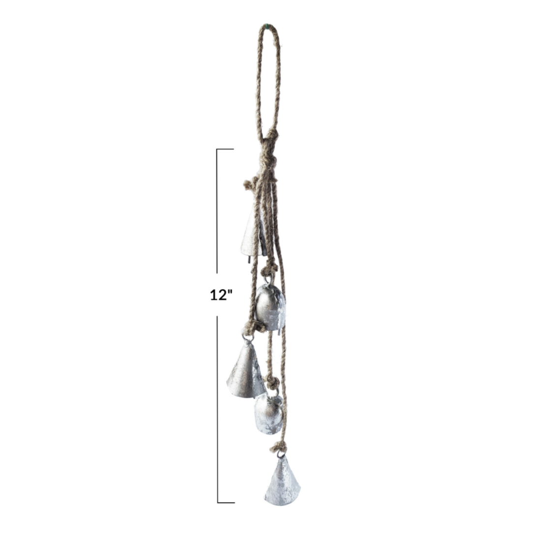 Handmade Hanging Metal Bells w/ Jute Rope, Antique Silver Finish measurements 