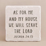 stone coaster with text of Joshua 24:15 shown on beige background