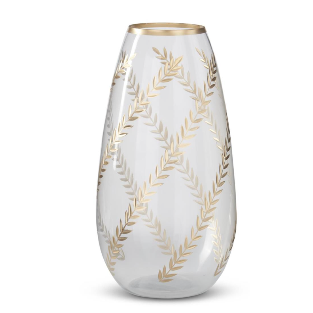 gold gilded leaf etched clear vase, size large