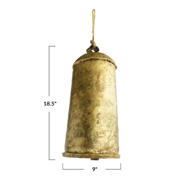 Metal Bell on Jute Rope Hanger, Antique Gold Finish, large bell