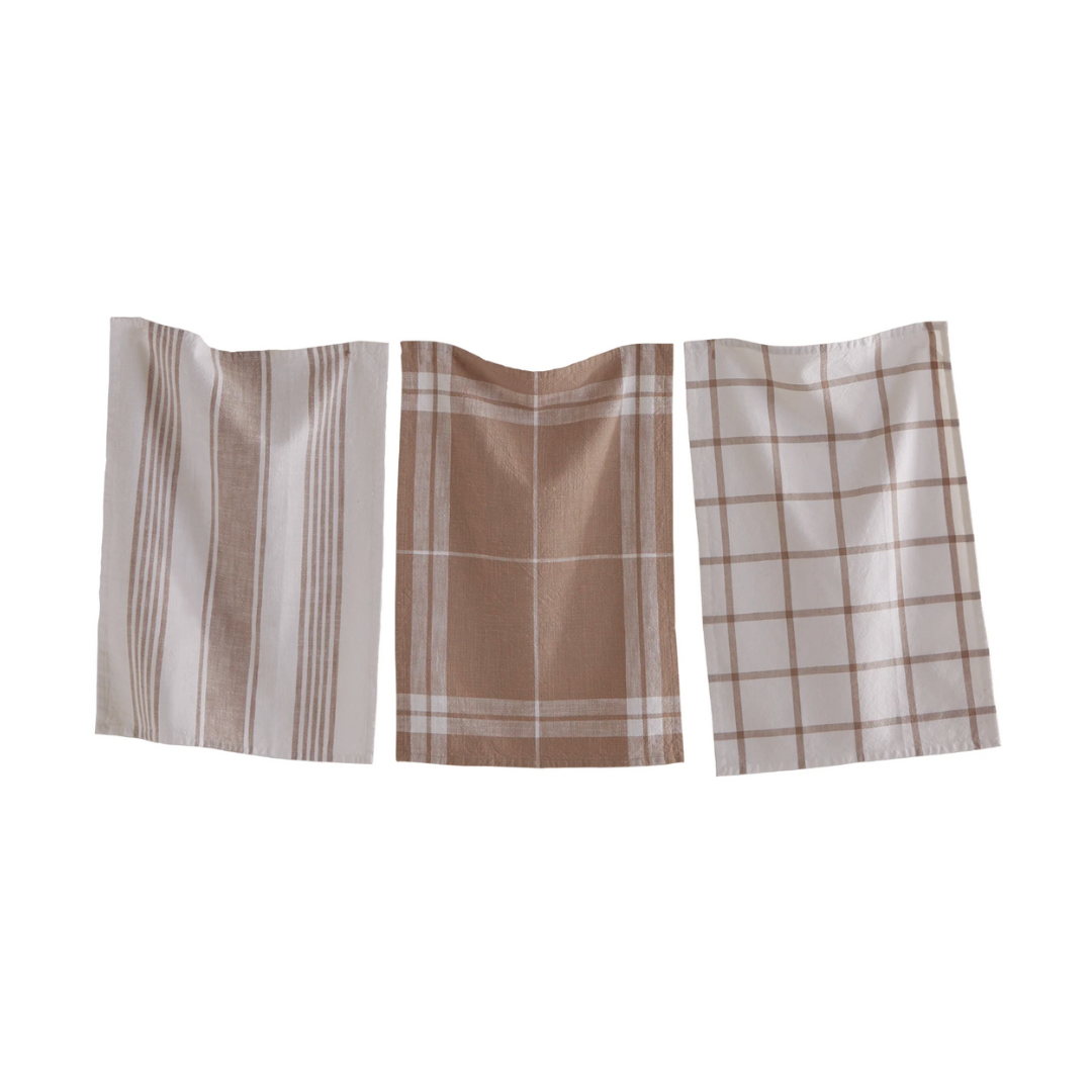 classic dishtowel set of three coordinating patterns, linen