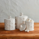 styled white woven ceramic canister knot design, three sizes