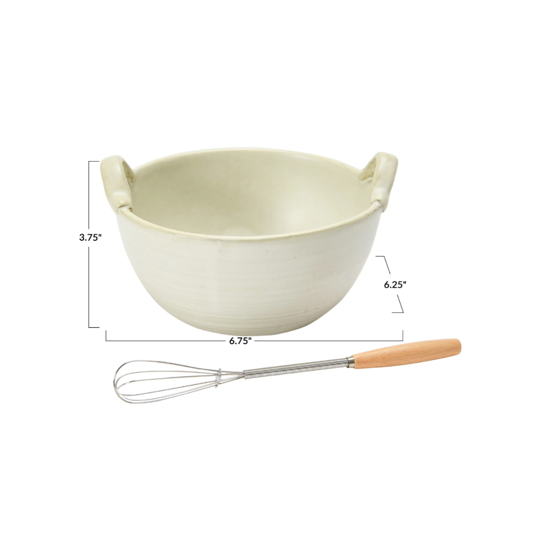 measurements of cream stoneware batter bowl with wooden mini whisk set