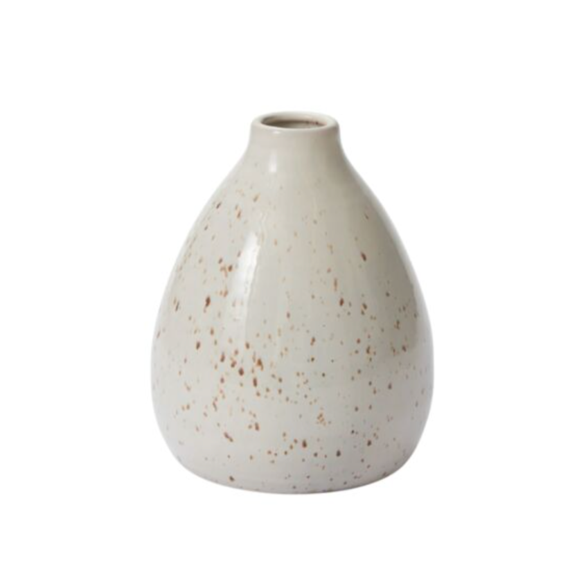 lightly speckled ceramic budvase with a rounded body & small circular opening, medium