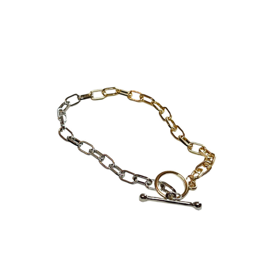 mixed metal chain link bracelet, toggle clasp