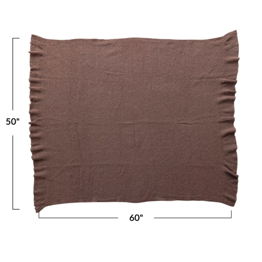 60"L x 50"W Brushed New Zealand Wool Throw w/ Ruffled Edge, Brown