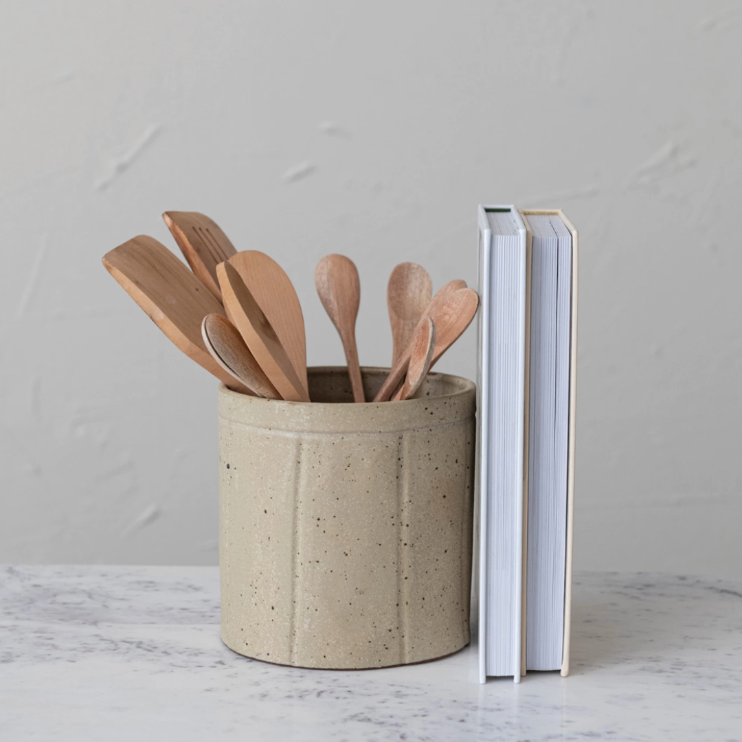 Styled Decorative Stoneware Crock/Planter w/ Debossed Lines, Reactive Glaze, Beige Speckled