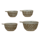 Stoneware Measuring Cups w/ Wax Relief Pattern, Reactive Glaze, White, Set of 4