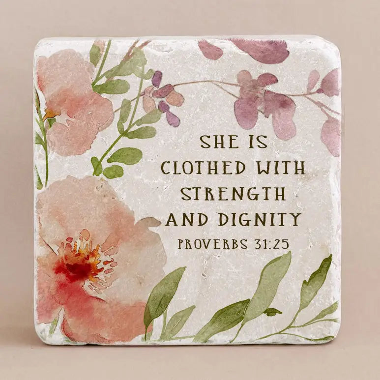 Decorative coaster with floral design and Proverbs 31:25 text on a beige background