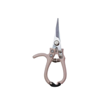 dusty rose pink enameled handled garden pruning shears on a white background