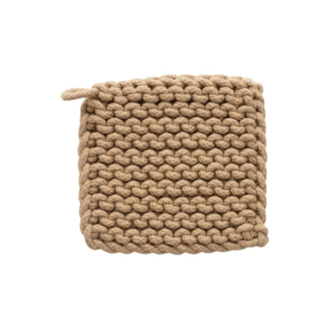 8" Square Cotton Crocheted Pot Holder, sand