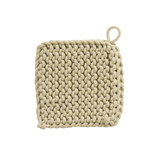 Beige knitted pot holder with a hanging loop on a white background