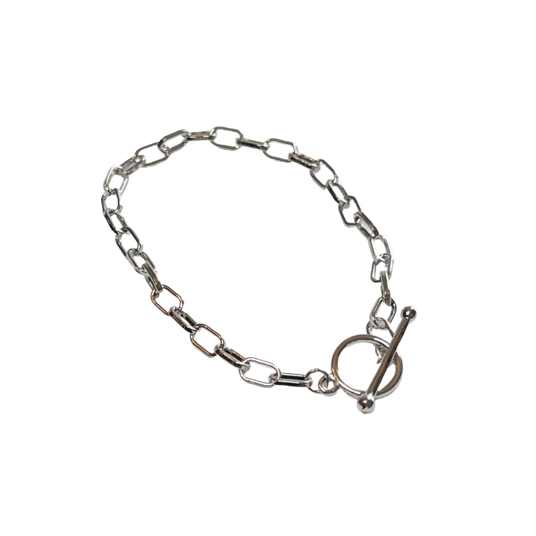 silver chain link bracelet, toggle clasp