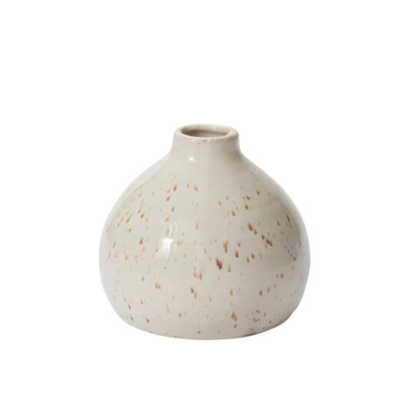 lightly speckled ceramic budvase with a rounded body & small circular opening, small