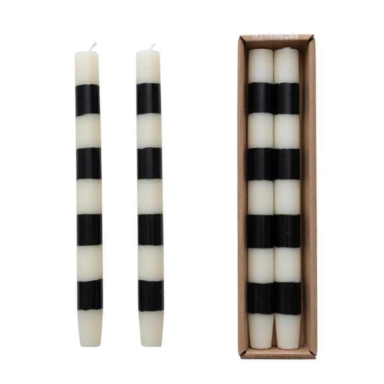 set of two, black and ivory striped taper candles, boxed