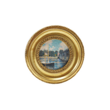 Decorative art magnet with a scenic design inside a gold frame on a white background