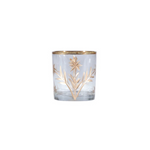 Clear glass candle holder with gold leaf design on a white background