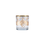 Clear glass candle holder with gold decorative elements on a white background