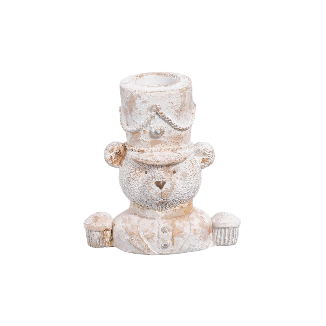 Decorative candle holder shaped like a teddy bear in a top hat on a white background
