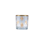 Clear glass candle holder with gold star designs on a white background
