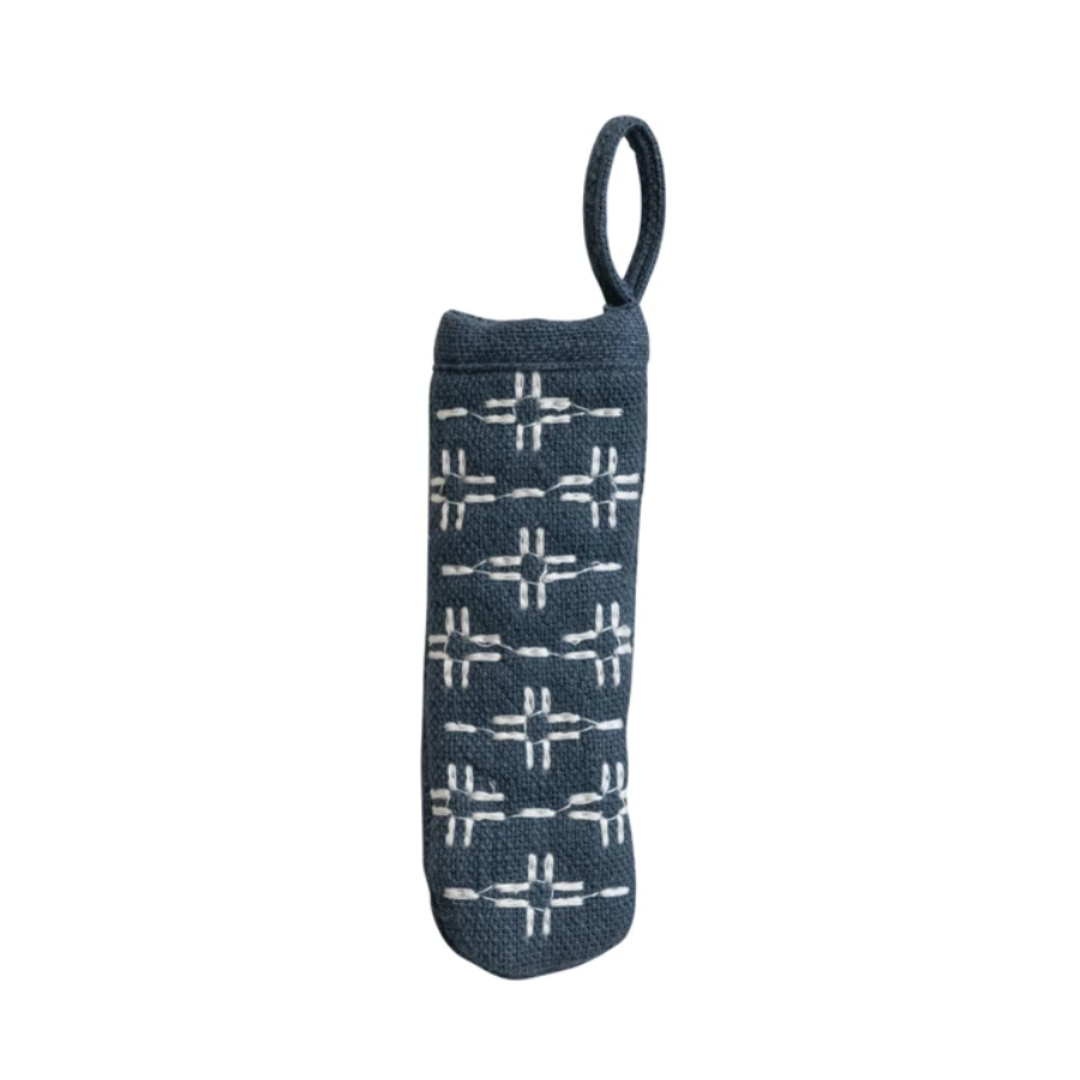 Dark blue pot holder cover white geometric pattern on a white background