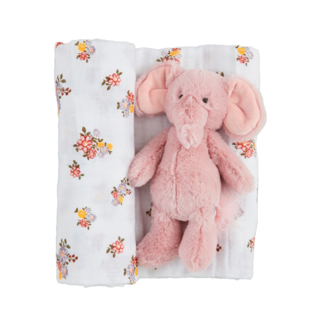 floral swaddle and pink elephant rattle set