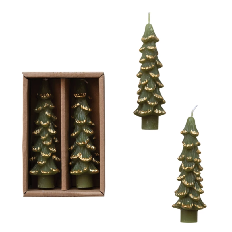christmas tree tapers, green with gold tips, two sizes, set of two small