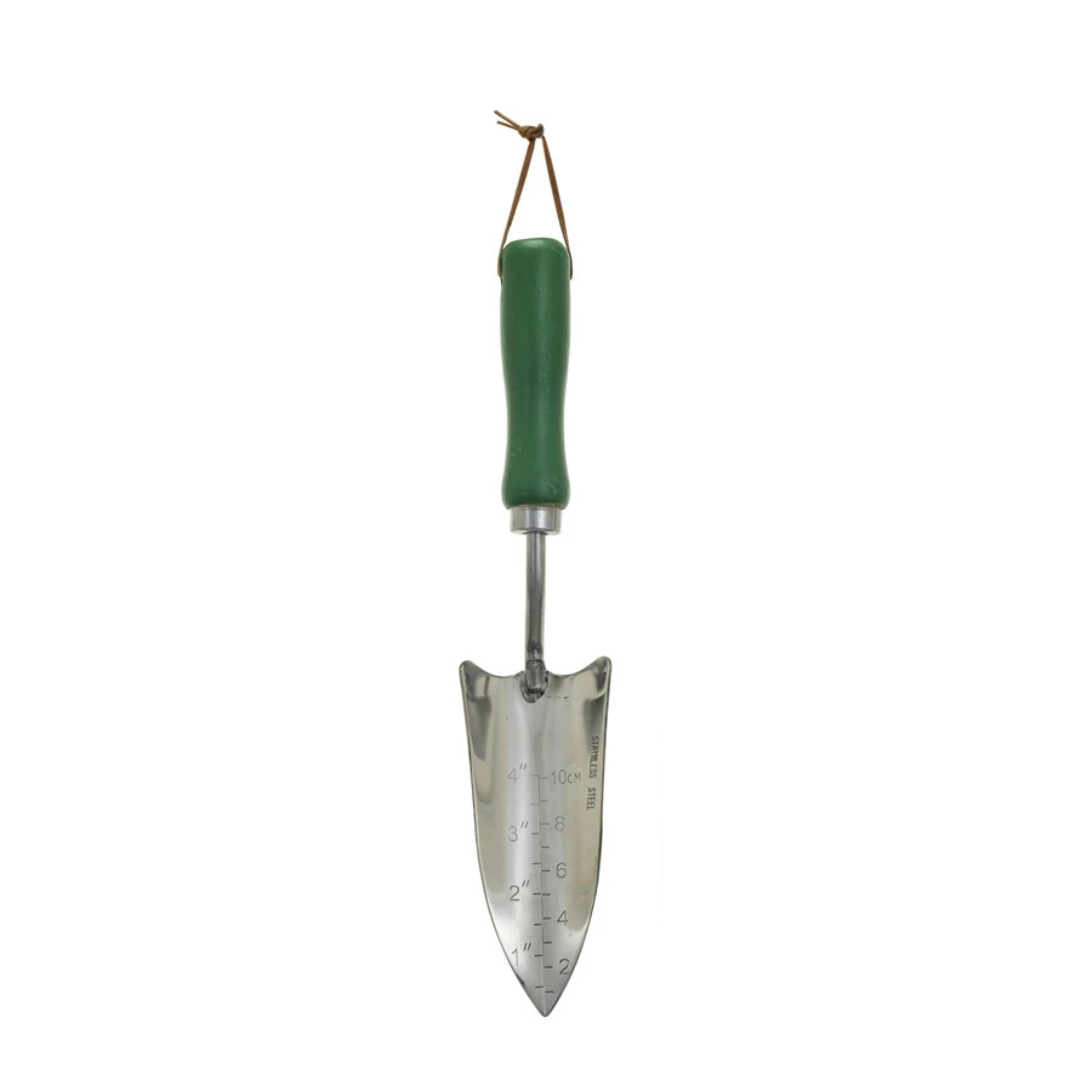 Gardening trowel with a green handle on a white background